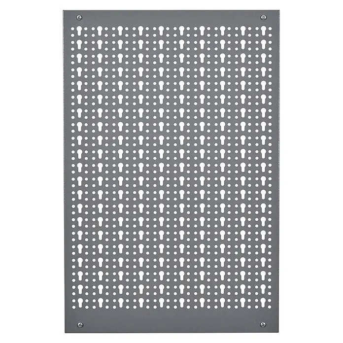 Küpper Stahlblech-Lochwand - Anthrazit, B x H: 40 x 60 cm - Graue Metall-Lochplatte mit Schlüssellochschlitzen und kleinen Rundlöchern zur Organisation. Zwei Schrauben zur Montage sind sichtbar.