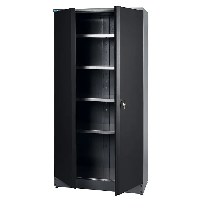 Küpper Werkstatt-Hochschrank - L x B x H: 53 x 91 x 204 cm, Anzahl Türen: 2 Stk. - Dunkelgrauer Metall-Aktenschrank mit zwei Türen, einer geöffneten Tür mit Schlüssel und verstellbaren Einlegeböden.