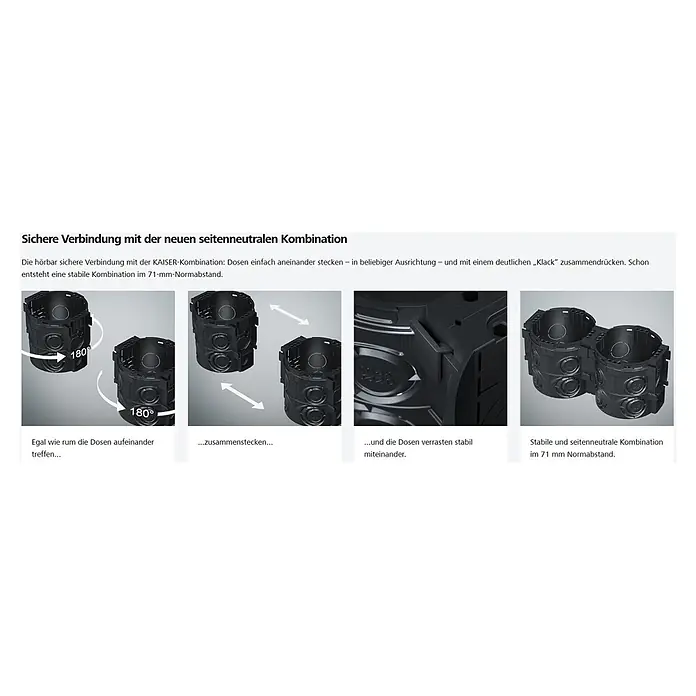 Kaiser Schalterdose - Ø x L: 60 x 66 mm, Schwarz, 25 Stk. - Schwarze Elektroeinbaudosen, die ihre seitenneutrale Verbindung für eine stabile 71-mm-Kombination demonstrieren.