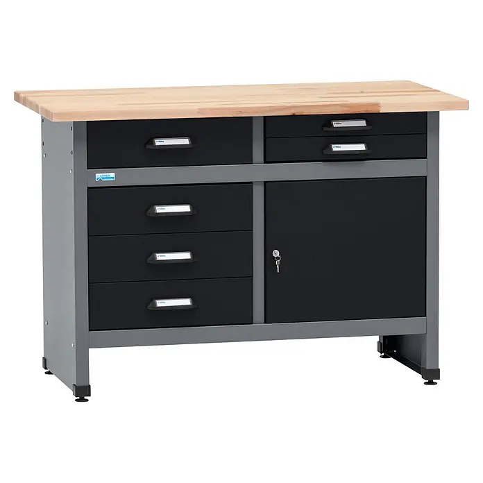 Küpper Werkbank - L x B: 60 x 120 cm, Arbeitshöhe: 84 cm, Belastbarkeit: 300 kg, Schwarz/Anthrazit - Industrielle Werkbank mit heller Holzplatte, dunkelgrauem Rahmen, schwarzen Schubladen und abschließbarem Schrank. Mit Beschriftungshaltern und verstellbaren Füßen.
