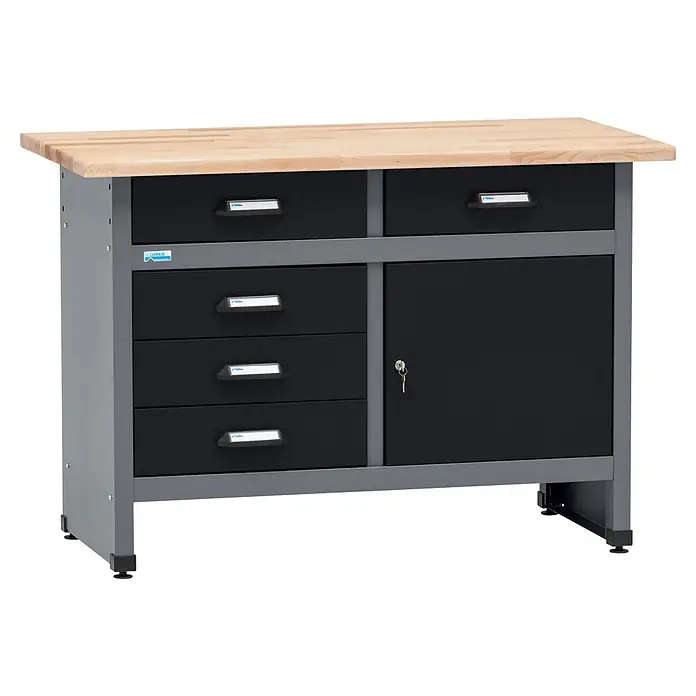 Küpper Werkbank - L x B: 120 x 60 cm, Arbeitshöhe: 84 cm, Belastbarkeit: 300 kg, Silbergrau, Anzahl Schubladen: 5 Stk. - Robuste Werkbank mit heller Holzplatte, grauem Metallgestell, schwarzen Schubladen und abschließbarem Schrank.