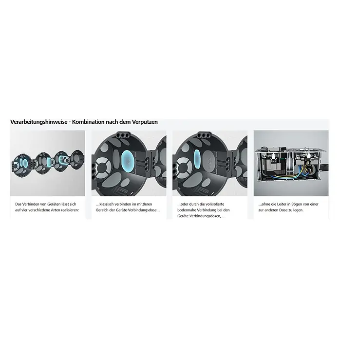 Kaiser Schalterdose 1055-25 - Ø x L: 60 x 46 mm, Schwarz - Vier graue Elektrokombinationsdosen zeigen verschiedene Verdrahtungs- und Verbindungsmethoden für Geräte, inklusive interner Verkabelung.