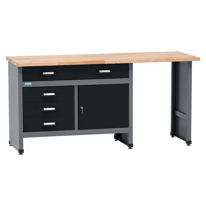Küpper Werkbank - L x B: 170 x 60 cm, Arbeitshöhe: 84 cm, Belastbarkeit: 300 kg, Grau - Werkbank mit heller Holzplatte, grauem Metallgestell und schwarzen Schubladen sowie einem abschließbaren Schrank.