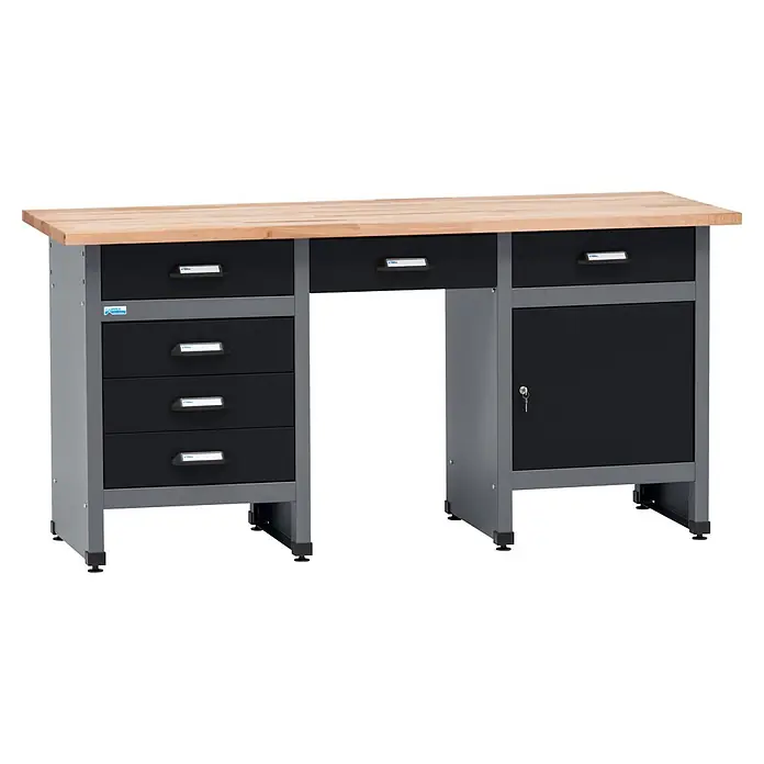 Küpper Werkbank - L x B: 60 x 170 cm, Arbeitshöhe: 84 cm, Belastbarkeit: 300 kg, Schwarz/Anthrazit, Anzahl Schubladen: 6 Stk. - Werkbank mit heller Holzplatte, grauem Metallgestell und schwarzen Schubladen und Schrank zur Aufbewahrung.