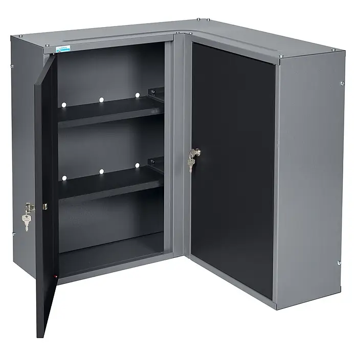 Küpper Eck-Hängeschrank - 60 x 60 x 60 cm, Anzahl Türen: 2 Stk. - L-förmiger grauer Metalleckschrank mit zwei offenen Türen, dunkelgrauem Innenraum und verstellbaren Einlegeböden. Schlüssel stecken.