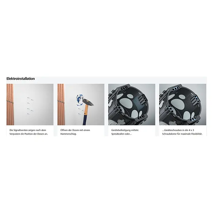 Kaiser Schalterdose 1055-25 - Ø x L: 60 x 46 mm, Schwarz - Elektroinstallation in vier Schritten: Markierung der Dosenpositionen, Öffnen der Dosen und Gerätebefestigung mittels Spreizkrallen oder Schraubdomen.