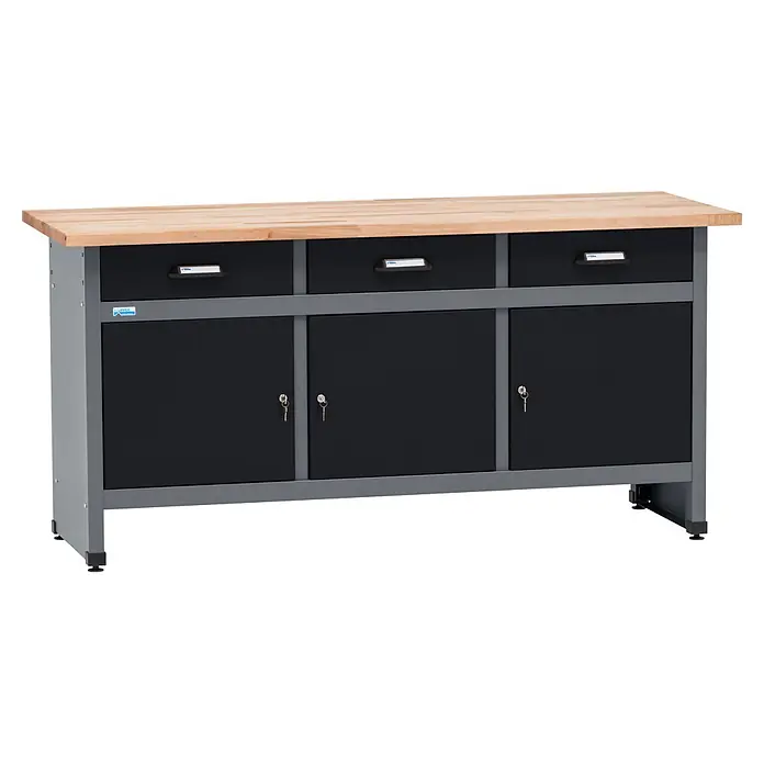 Küpper Werkbank - L x B: 170 x 60 cm, Arbeitshöhe: 84 cm, Belastbarkeit: 300 kg, Schwarz/Anthrazit - Stabiler Werkstattschrank mit heller Holzplatte, grauem Metallrahmen, drei schwarzen Schubladen und drei abschließbaren schwarzen Türen.