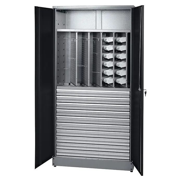 Küpper Werkzeugschrank - Schwarz/Anthrazit, L x B x H: 45 x 91 x 180 cm - Offener grauer Metallschrank mit schwarzen Türen, mit Lochwandelementen, weißen Behältern und mehreren Schubladen.