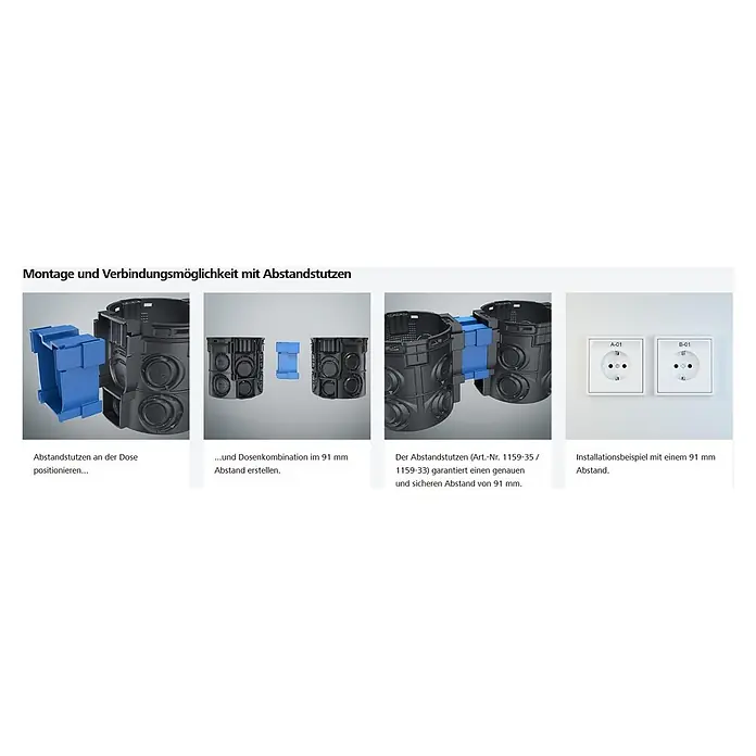 Kaiser Schalterdose - Ø x L: 60 x 66 mm, Schwarz, 25 Stk. - Schwarze Installationsdosen und blaue Abstandshalter für eine präzise 91 mm Montage von z.B. Steckdosen.