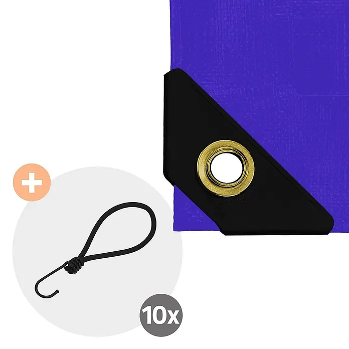ECD Germany Abdeckplane - L x B: 500 x 400 cm, 650 g/m², Kunststoff - Blaue Planenecke mit schwarzer Verstärkung und Messingöse, gezeigt mit 10 schwarzen Spanngummis mit Haken.
