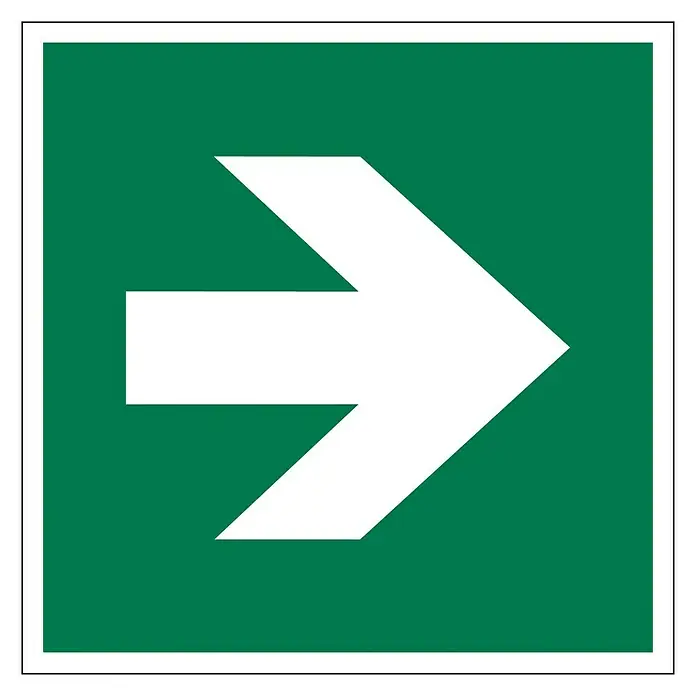 Pickup Aufkleber - L x B: 15 x 15 cm, Pfeil rechts, Grün - Grünes Schild mit weißem Pfeil, der nach rechts zeigt, weist auf einen Notausgang oder eine Sicherheitsroute hin.