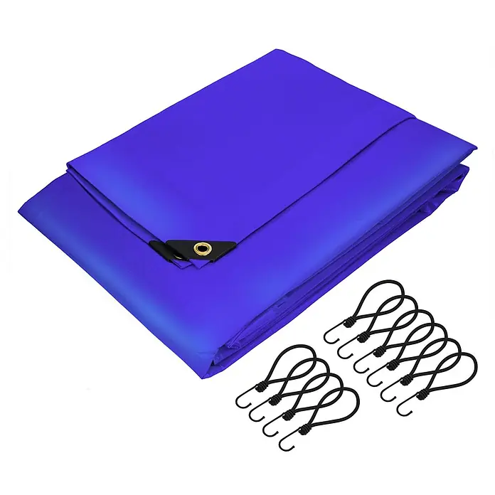 ECD Germany Abdeckplane - L x B: 500 x 400 cm, 650 g/m², Kunststoff - Blaue Plane mit Messingöse und schwarzen Gummiseilen mit Haken.