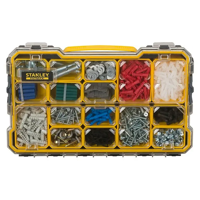 Stanley FatMax Kleinteilekoffer - Anzahl Fächer: 14 Stk. - Eine gelbe Stanley Fatmax Sortimentsbox, gefüllt mit Schrauben, Dübeln und Unterlegscheiben, ideal für Handwerker und Heimwerker.