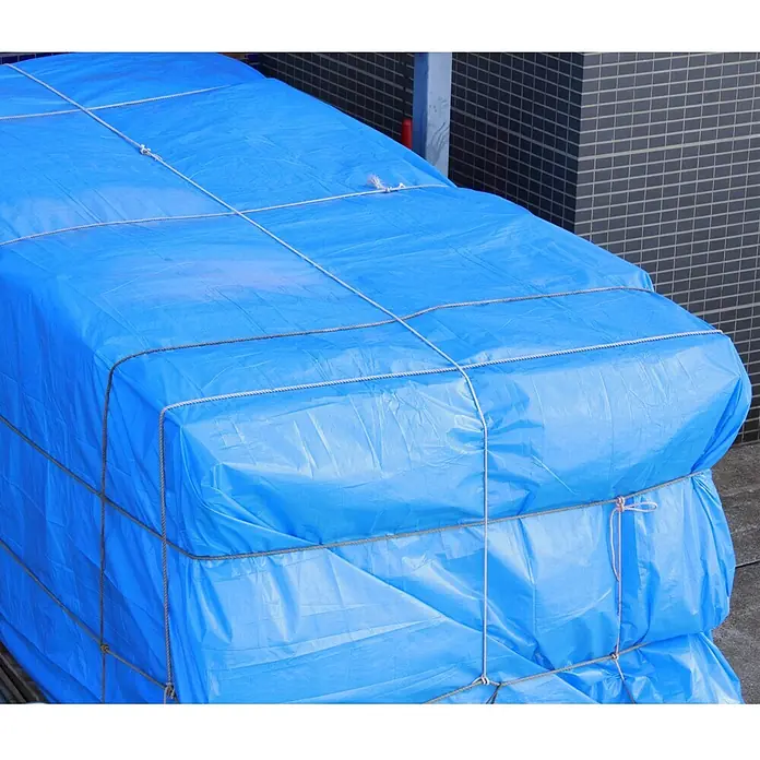 ECD Germany Abdeckplane Gartenplane 260g/m² mit Ösen Reißfeste Regenplane Polyethylen - L x B: 600 x 400 cm, 260 g/m², Kunststoff - Große Gegenstände, bedeckt mit leuchtend blauen Planen, gesichert durch ein Netz aus Seilen, vor einem dunklen Ziegelgebäude.