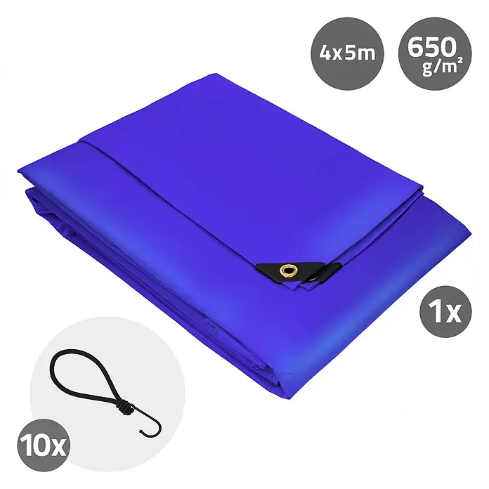 ECD Germany Abdeckplane - L x B: 500 x 400 cm, 650 g/m², Kunststoff - Blaue Schwerlastplane (4x5m, 650 g/m²) inklusive 10 Spanngummis.