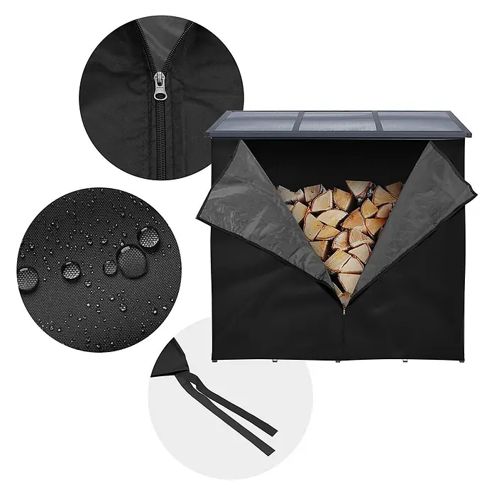 ML-Design Abdeckplane Regenabdeckung Wetterschutz Schwarz für Brennholzregal Schutzplane - Kunststoff - Schwarze wasserdichte Kaminholzregalabdeckung mit transparentem Dach, Reißverschluss vorne und Bändern, gefüllt mit Brennholz.