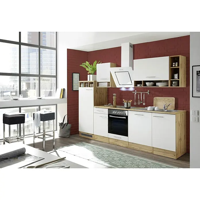 Respekta Composición de cocina Hilde - Ancho: 280 cm, Blanco, Con electrodomésticos - Cocina moderna en blanco y aspecto de madera con detalles en rojo. La cocina cuenta con una estufa, un fregadero y mucho espacio de almacenamiento.
