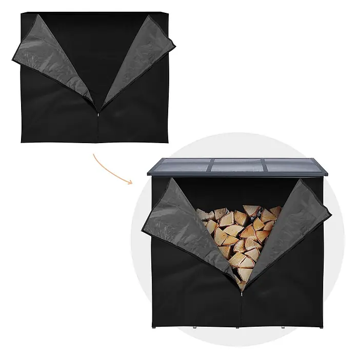 ML-Design Abdeckplane Regenabdeckung Wetterschutz Schwarz für Brennholzregal Schutzplane - Kunststoff - Schwarze Reißverschlussabdeckung für Holzschuppen, offen mit Holzscheiten und grauem Innenfutter.