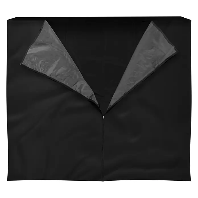 ML-Design Abdeckplane Abdeckplane für Feuerholzregal 185x185 cm Schwarz - Kunststoff - Schwarze Reißverschlussabdeckung, teilweise geöffnet, die ein graues Inneres zeigt.