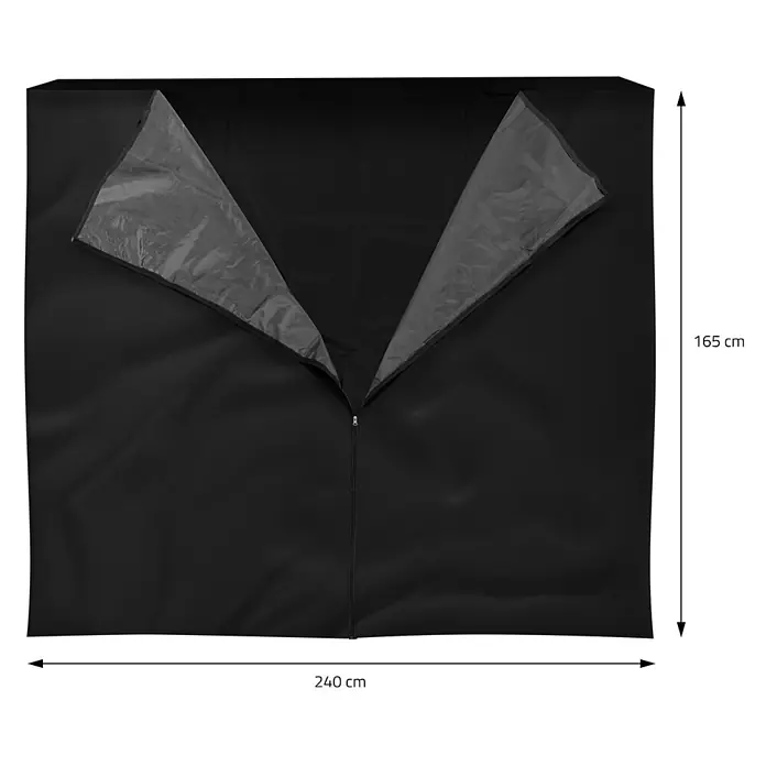 ML-Design Abdeckplane Abdeckplane für Feuerholzregal 185x185 cm Schwarz - Kunststoff - Schwarze rechteckige Schutzhülle mit mittigem Reißverschluss, der graues Futter zeigt. Maße 240x165 cm.