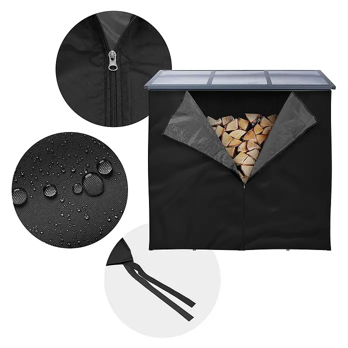 ML-Design Abdeckplane Abdeckplane für Feuerholzregal 185x185 cm Schwarz - Kunststoff - Schwarzes, wasserabweisendes Kaminholzregal mit transparentem Dach und Reißverschlussöffnung, gefüllt mit Holz.
