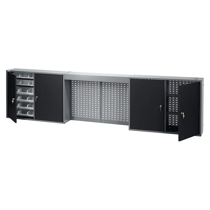Küpper Hängeschrank - Schwarz/Anthrazit, L x B x H: 240 x 20 x 60 cm - Modulares graues Metallschranksystem mit dunkelgrauen Türen, teilweise geöffnet mit weißen Lagerbehältern und Lochwänden.