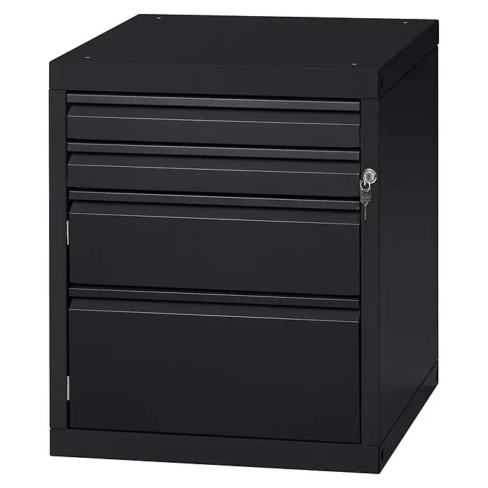 Küpper Unterschrank Profi Modul System - L x B x H: 56 x 55 x 66 cm, Schwarz, Pulverbeschichtet - Dunkelgrauer Metall-Aufbewahrungsschrank mit mehreren Schubladen, einer Tür und einem Schlüssel im Schloss.