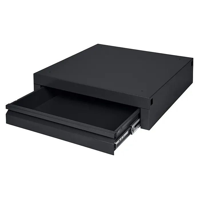 Küpper Profi Modul System Schublade - B x L: 55 x 56 cm, Schwarz - Schwarze Schubladeneinheit aus Metall mit teilweise geöffneter Schublade.