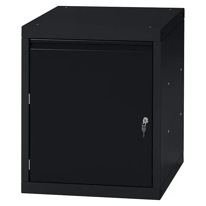 Küpper Profi Modul System Unterschrank 1 Tür (linksanschlag) - L x B x H: 56 x 55 x 66 cm, Schwarz - Kompakter schwarzer Metallschrank mit abschließbarer Tür und eingestecktem Schlüssel.