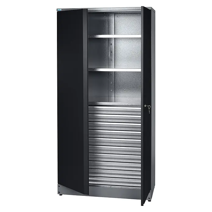 Küpper Werkzeugschrank - L x B x H: 45 x 91 x 180 cm, Schwarz/Anthrazit - Offener dunkelgrauer Metallschrank mit Regalböden und Schubladen.