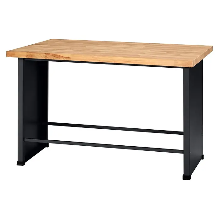 Küpper Profi Modul System Basismodul Mittel - B x L: 70 x 128 cm, Arbeitshöhe: 89 cm - Stehtisch mit Massivholzplatte im Butcherblock-Stil und dunklen Metallbeinen mit Fußstütze.