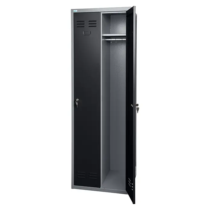 Küpper Spind vormontiert - L x B x H: 60 x 48 x 180 cm, Schwarz-Hellgrau, Anzahl Türen: 2 Stk. - Zweitüriger Metallspind mit grauem Rahmen und schwarzen Türen. Eine Tür ist offen und zeigt ein Innenregal und eine Kleiderstange mit Haken.