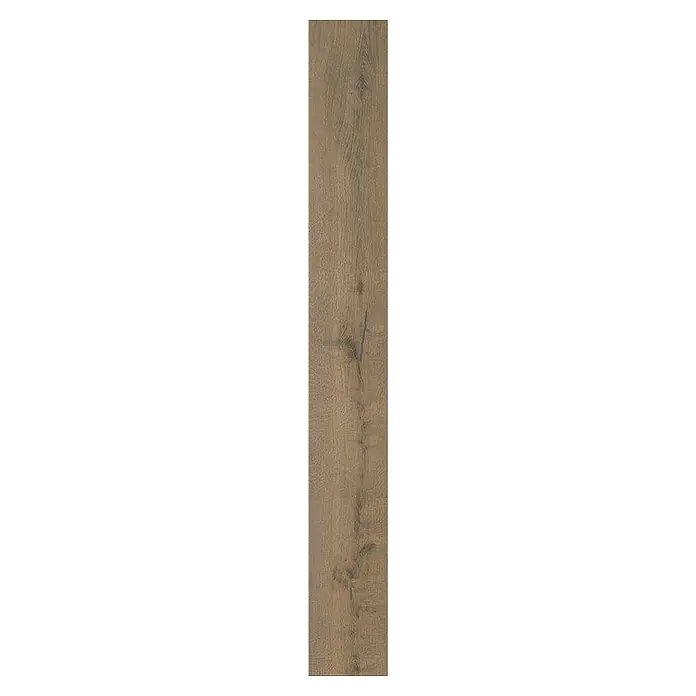 Krono Original Laminat Organic Clever Long Silent - Hare Tegernsee Oak, Landhausdiele, 2.003 x 245 x 7 mm - Lange, schmale Diele aus mittelbraunem Holz mit sichtbarer Maserung und Ästen.