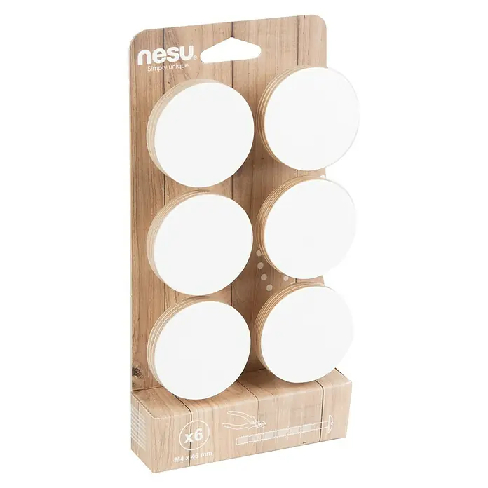 Nesu Pomo para muebles Círculo blanco 6 uds. - Ø x Al: 80 x 27 mm, Madera - Un paquete de seis pomos redondos para muebles Nesun, blancos y de madera. Los pomos están montados en una tarjeta con vetas de madera.