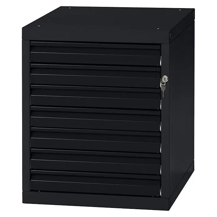 Küpper Profi Modul System Unterschrank - L x B x H: 56 x 55 x 66 cm, Schwarz - Schwarzer Metallschrank mit Rollladentür und Schlüsselschloss.