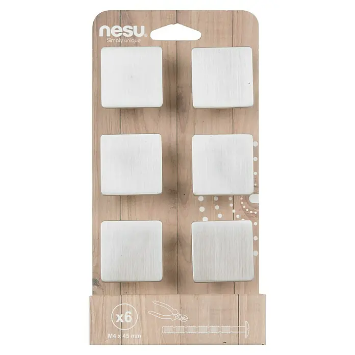 Nesu Tirador para muebles 809816 6 uds. - L x An x Al: 3,8 x 3,8 x 2,4 cm, Acero, Niquelado - Un paquete de pomos cuadrados plateados de Nesu para muebles, con tornillos y alicates incluidos, empaquetados en una tarjeta con estructura de madera.