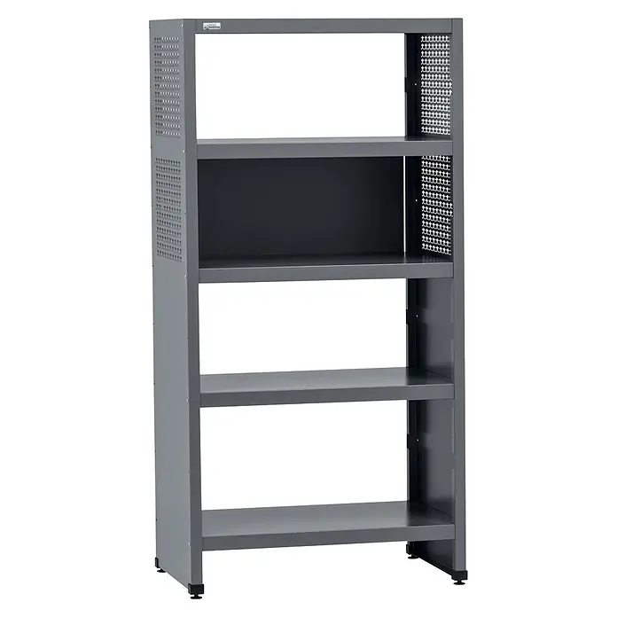 Küpper Metallregal - H x B x T: 180 x 91 x 53 cm, Traglast pro Boden: 75 kg, Anzahl Böden: 5 Stk., Stecken, Grau - Graues Metall-Serverschrank mit vier Böden, perforierten Seitenwänden und verstellbaren Füßen zur Aufbewahrung von Technik.