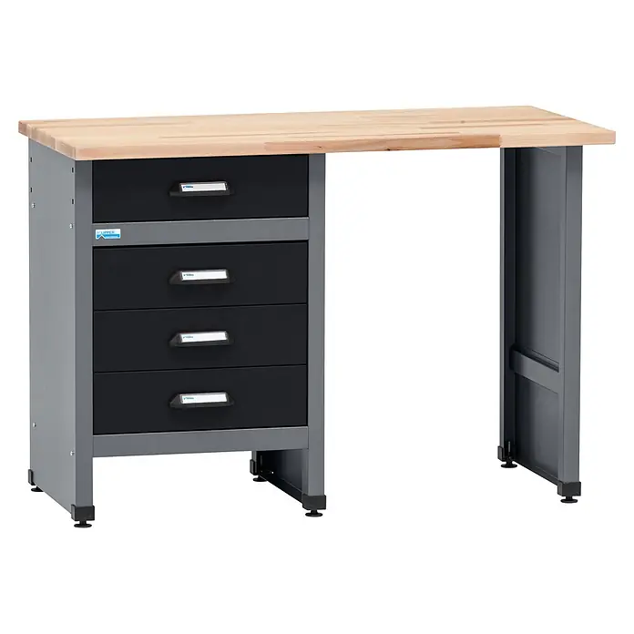 Küpper Werkbank - L x B: 60 x 120 cm, Arbeitshöhe: 84 cm, Belastbarkeit: 300 kg, Schwarz/Anthrazit - Robuste Werkbank mit heller Holzplatte, grauem Metallrahmen und vier schwarzen Schubladen.