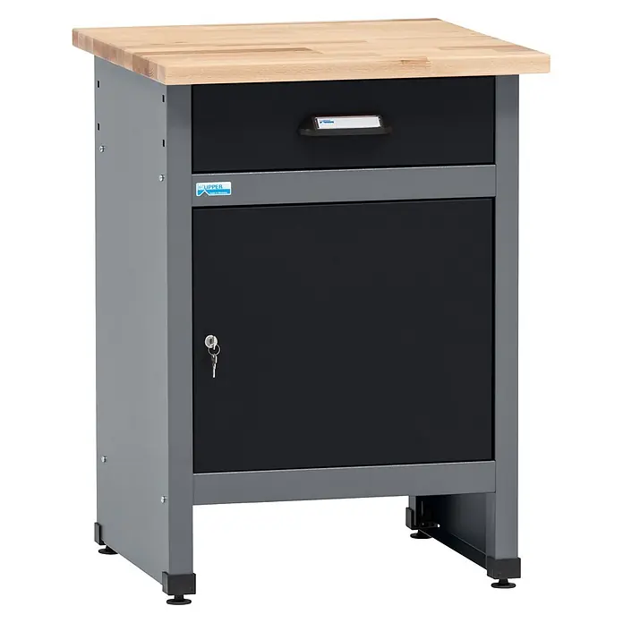 Küpper Werkbank-Beistelltisch - L x B x H: 60 x 60 x 84 cm, Anzahl Schubladen: 1 Stk. - Grauer Metall-Werkbankschrank mit heller Holzplatte, einer schwarzen Schublade und einer Tür mit Schlüssel, auf verstellbaren Füßen.