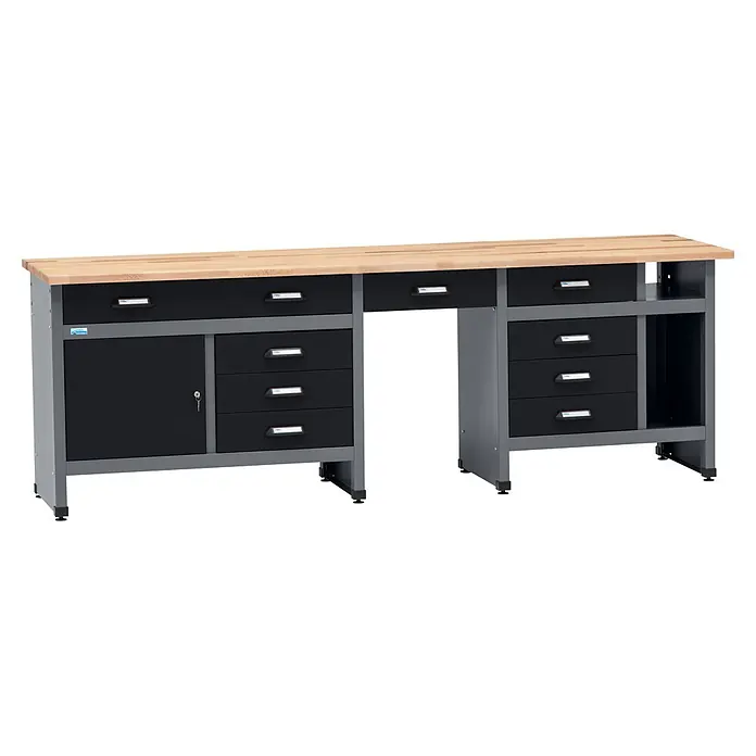 Küpper Werkbank - L x B: 240 x 60 cm, Arbeitshöhe: 84 cm, Belastbarkeit: 300 kg, Schwarz/Anthrazit - Robuste Werkbank mit heller Holzplatte, grauem Rahmen und schwarzen Metallschubladen/-schränken.