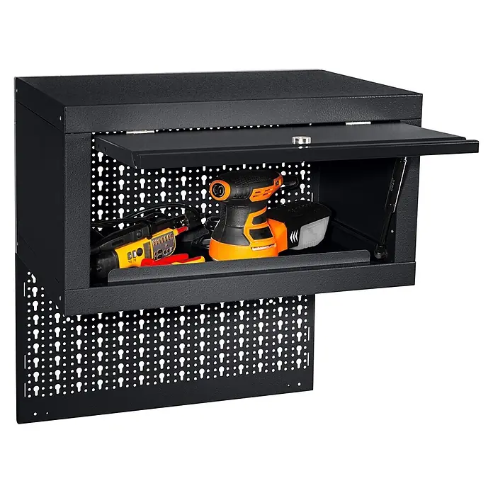 Küpper Profi Modul System Hängeschrank - L x B x H: 36 x 55 x 30 cm, Schwarz - Schwarzer Metall-Wandwerkzeugschrank mit geöffneter Tür, zeigt Schleifmaschine, Multimeter und Zange.
