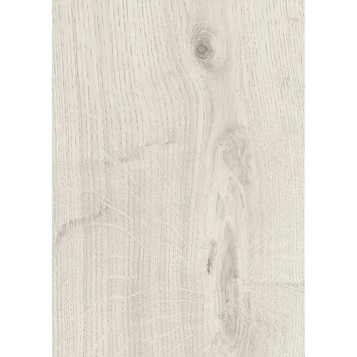 Krono Original Laminat Comfort Silent Cork - Chantilly Oak, Landhausdiele, 1.288 x 195 x 8 mm - Helle, grau-weiße Holzmaserung mit einem Ast und vertikaler Textur.