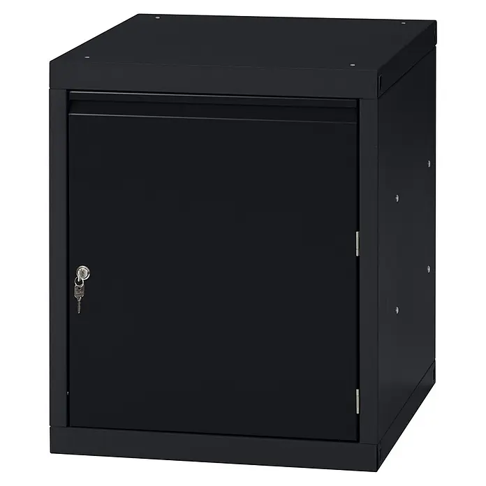 Küpper Profi Modul System Unterschrank 1 Tür Rechtsanschlag - L x B x H: 56 x 55 x 66 cm, Schwarz - Schwarzer Metall-Aufbewahrungsschrank mit einer Tür, Schloss und Schlüssel. Hat eine strukturierte Oberfläche.