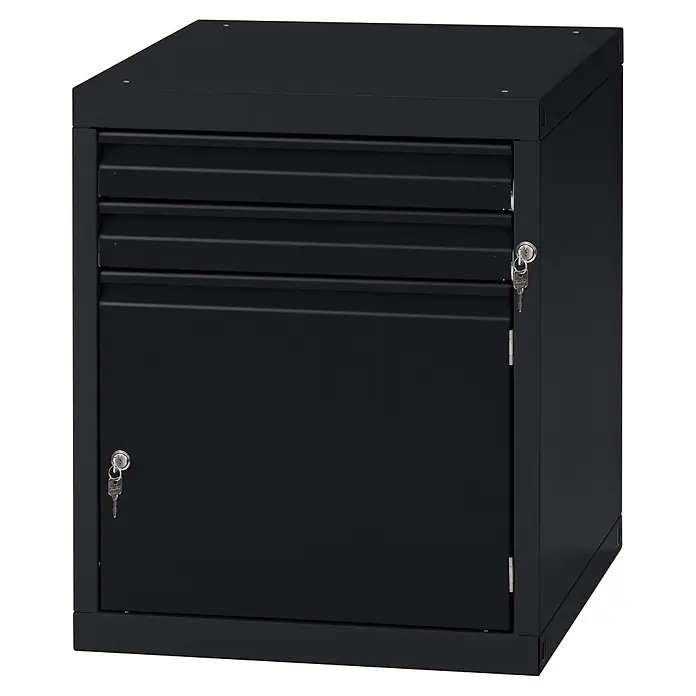 Küpper Profi Modul System Unterschrank - L x B x H: 56 x 55 x 66 cm, Schwarz - Schwarzer Metallschrank mit zwei oberen Schubladen und einer unteren Tür, alle abschließbar mit sichtbaren Schlüsseln.