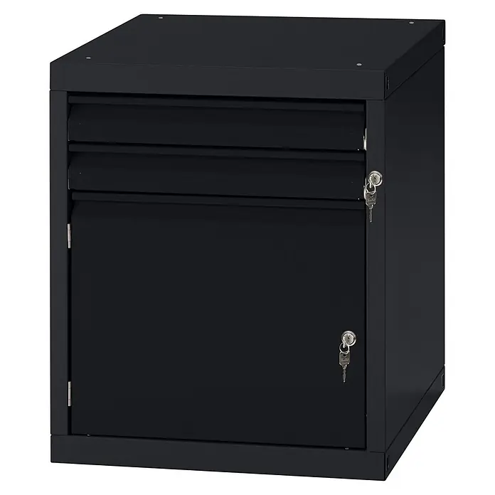 Küpper Profi Modul System Unterschrank 2 Schubladen & 1 Tür (Linksanschlag) - L x B x H: 56 x 55 x 66 cm, Pulverbeschichtet - Schwarzer Metallschrank mit zwei Schubladen und einer Tür, alles abschließbar.