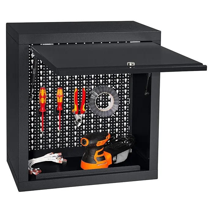 Küpper Profi Modul System Hängeschrank - L x B x H: 36 x 55 x 60 cm, Schwarz - Schwarzer Metall-Wandschrank mit offener Tür und Lochplatten-Innenausstattung, mit Schraubendrehern, Zangen, Klebeband, Handschleifer und Netzwerkkabeln.
