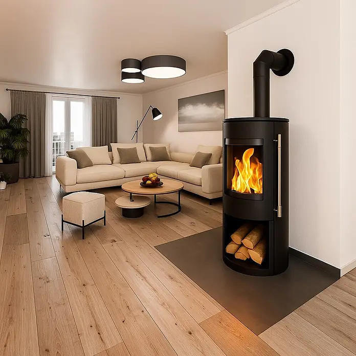 Haas+Sohn Kaminofen Grasse - 5,5 kW, Raumheizvermögen: 88 m³ - 124 m³, Material Verkleidung: Stahl - Schwarzer freistehender Kaminofen mit brennendem Feuer und Holzlager, platziert in einem modernen Wohnzimmer.