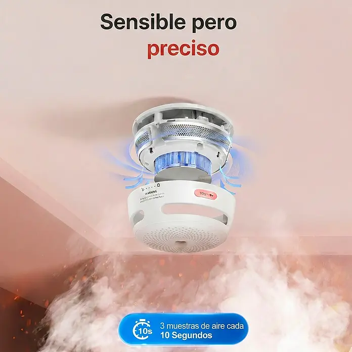 Simonrack Ecofire Extintor de incendios + detector de humos Basic - 6 l - Detector de humo blanco montado en techo muestreando aire activamente en un ambiente con humo.
