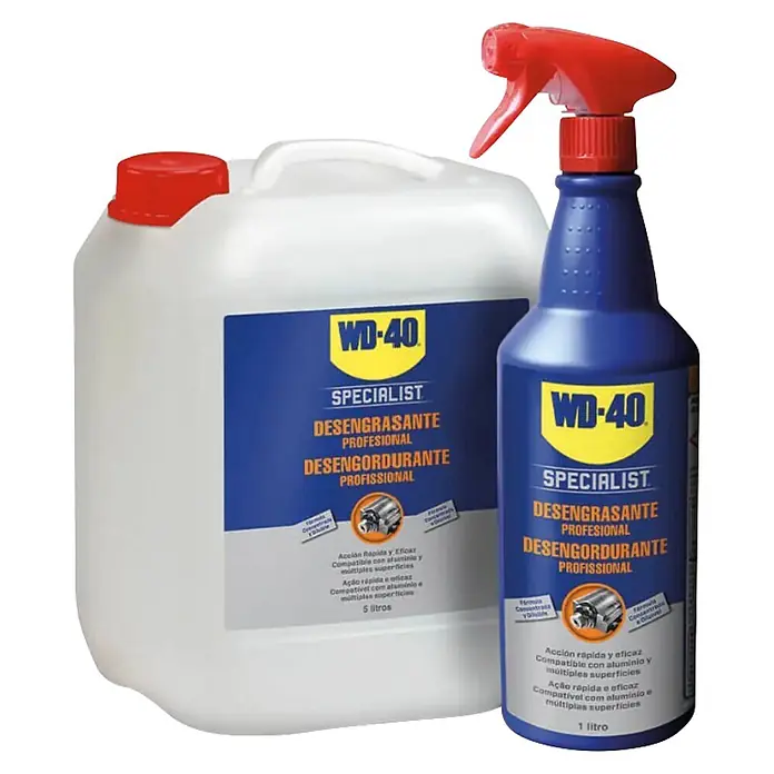 WD-40 Specialist Limpiador desengrasante - 5 l - Dos envases de desengrasante profesional WD-40 Specialist: una garrafa blanca de 5 litros y una botella pulverizadora azul de 1 litro con gatillo rojo.