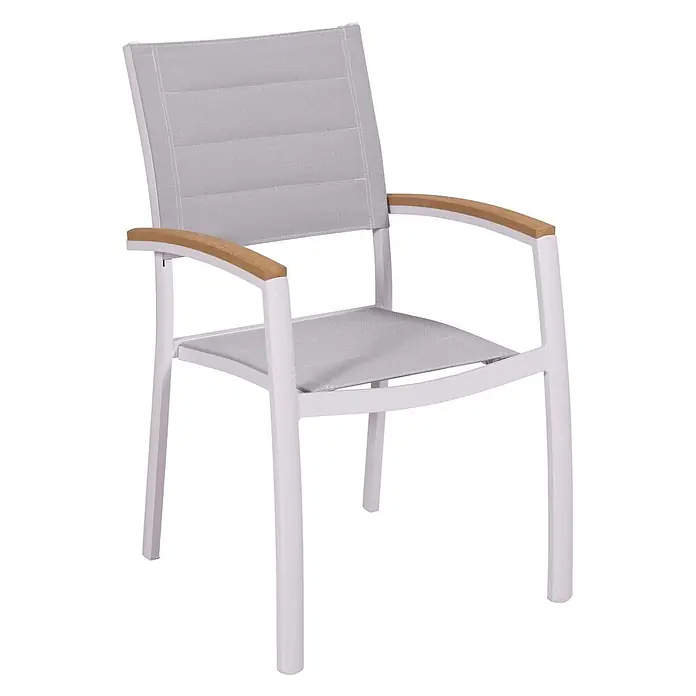 Merxx Gartentisch-Set Pisa - Gesamtumfang: 5 -tlg., L x B x H: 160 x 90 x 77 cm, Aluminium/Textil, Stapelbar - Weiß gerahmter Outdoor-Sessel mit grauer Netzbespannung und Holzarmlehnen.